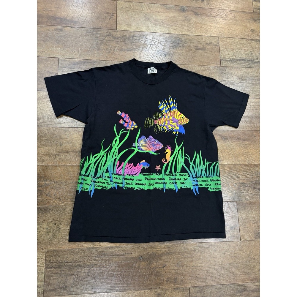 Vintage 80s 90s Panama Jack AOP Neon Fish Tee Made In USA Black XL Single Stitch - Picture 6 of 10